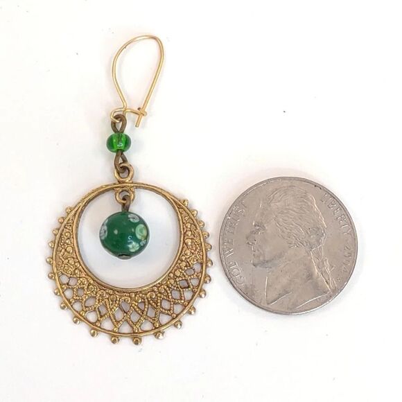 Gatsby 1920's Earrings Filigree Crescent Hoop Earrings with Bead Drops Gold - Picture 6 of 9